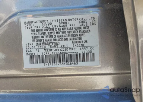 2022 Nissan Sentra Sr Xtronic Cvt z USA, uszkodzony, nr VIN 3N1AB8DV8NY318483